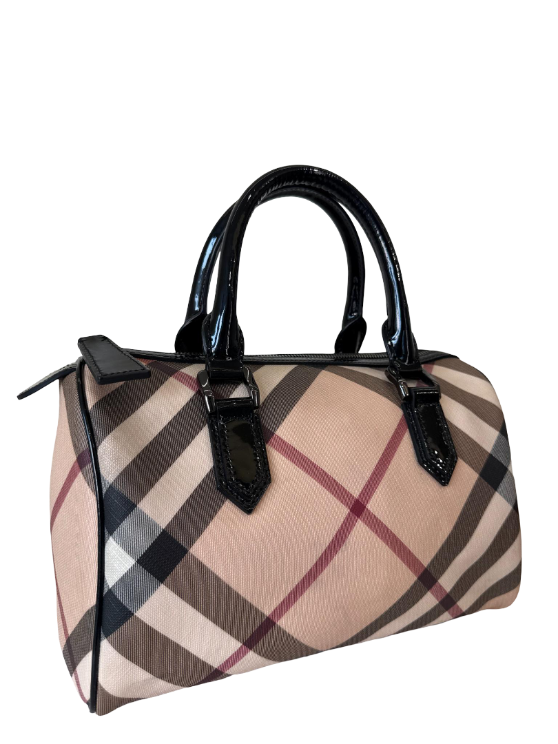 Burberry Beige/Black Supernova Check Coated Canvas and Patent Leather Boston Bag
