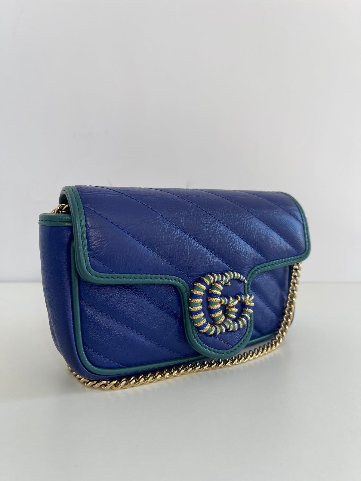 Gucci Super Mini Azalea Torchon GG Marmont Shoulder Bag Imperial Blue Pavone