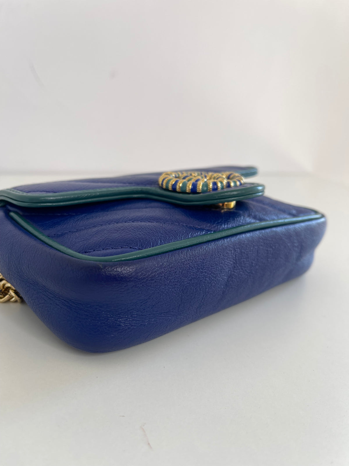 Gucci Super Mini Azalea Torchon GG Marmont Shoulder Bag Imperial Blue Pavone