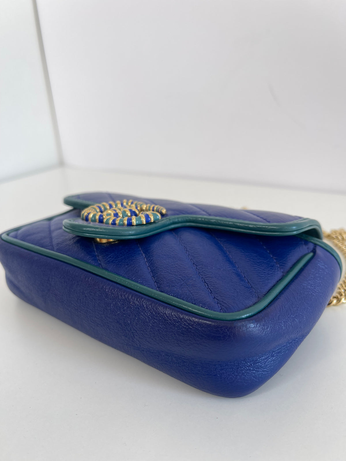 Gucci Super Mini Azalea Torchon GG Marmont Shoulder Bag Imperial Blue Pavone