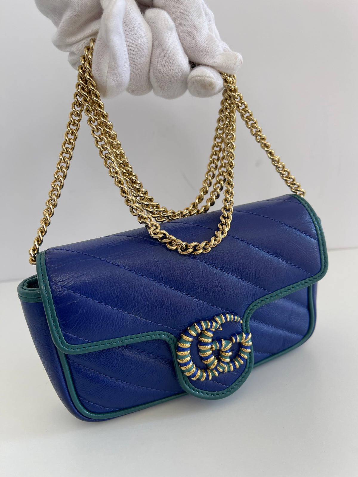 Gucci Super Mini Azalea Torchon GG Marmont Shoulder Bag Imperial Blue Pavone
