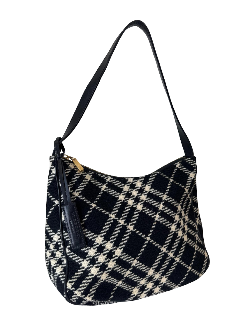 Burberry Black/White Plaid Wool Shoulder Bag