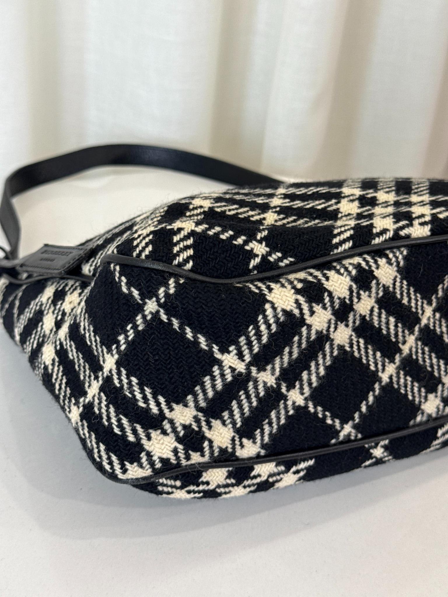 Burberry Black/White Plaid Wool Shoulder Bag