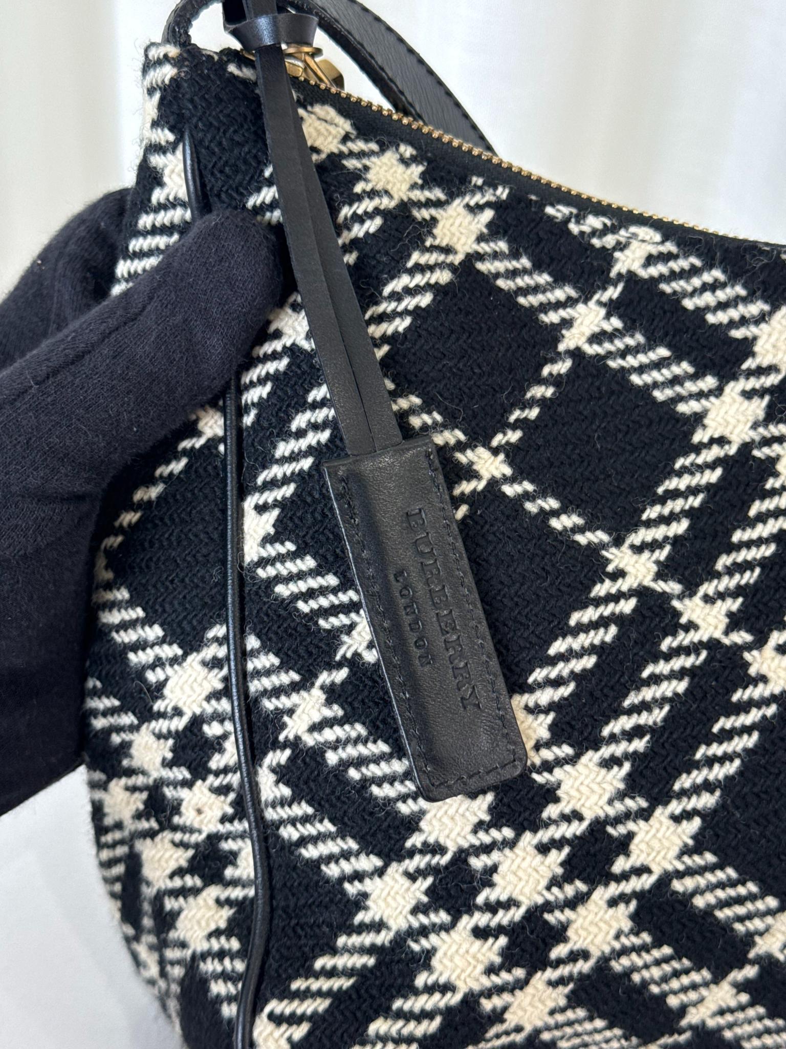 Burberry Black/White Plaid Wool Shoulder Bag