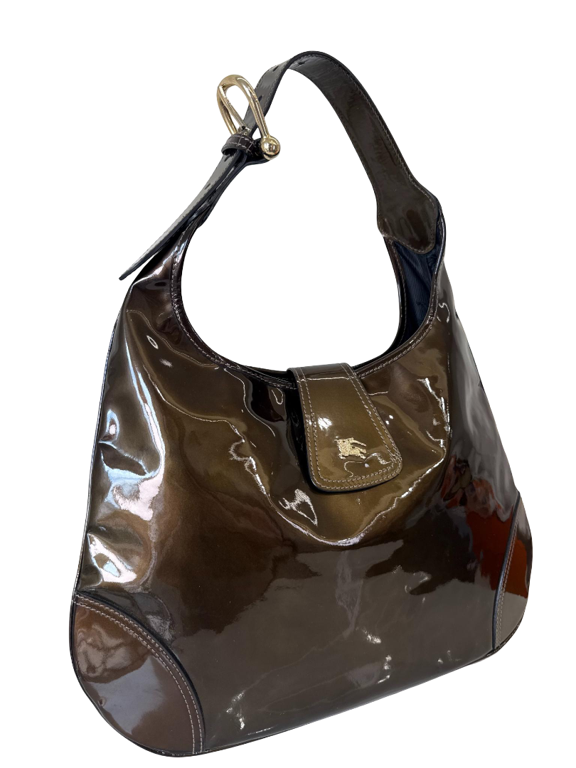 Burberry Lackleder Patent Leather Hobo Bag Khaki