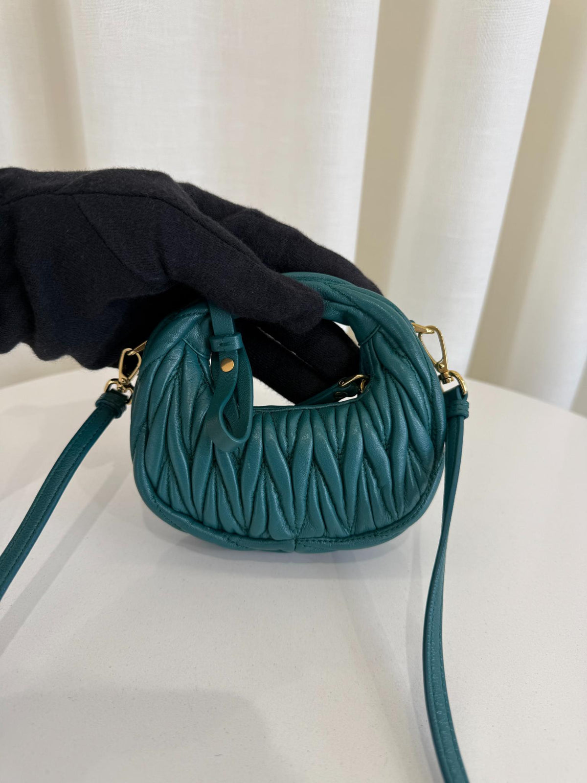Miu Miu Wander Matelassé Nappa Leather Hobo Micro Bag Lagoon Blue