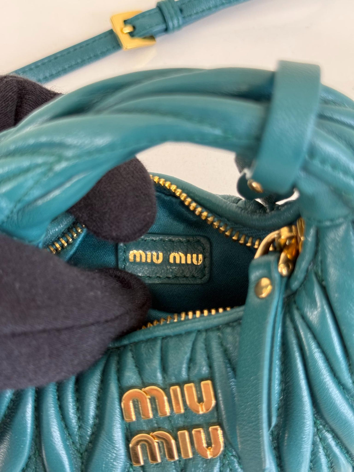 Miu Miu Wander Matelassé Nappa Leather Hobo Micro Bag Lagoon Blue