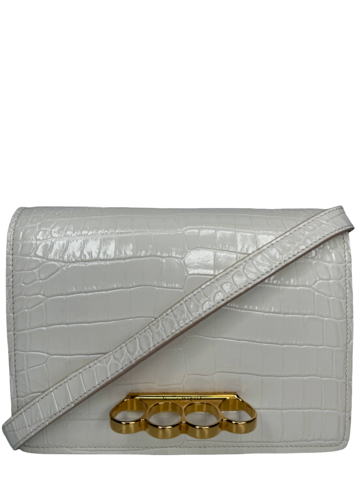 Alexander McQueen Croc Embossed Four Ring Crossbody Bag in Soft Ivory