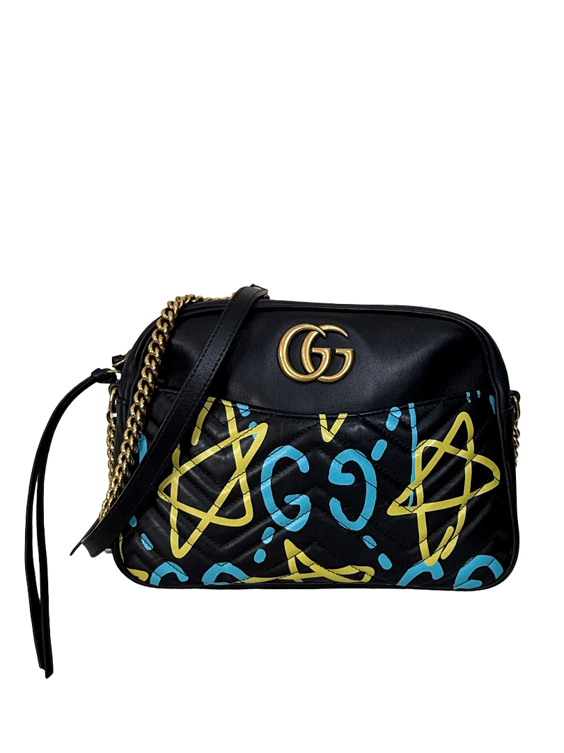 Gucci Black Graffiti Leather GG Marmont Crossbody Bag