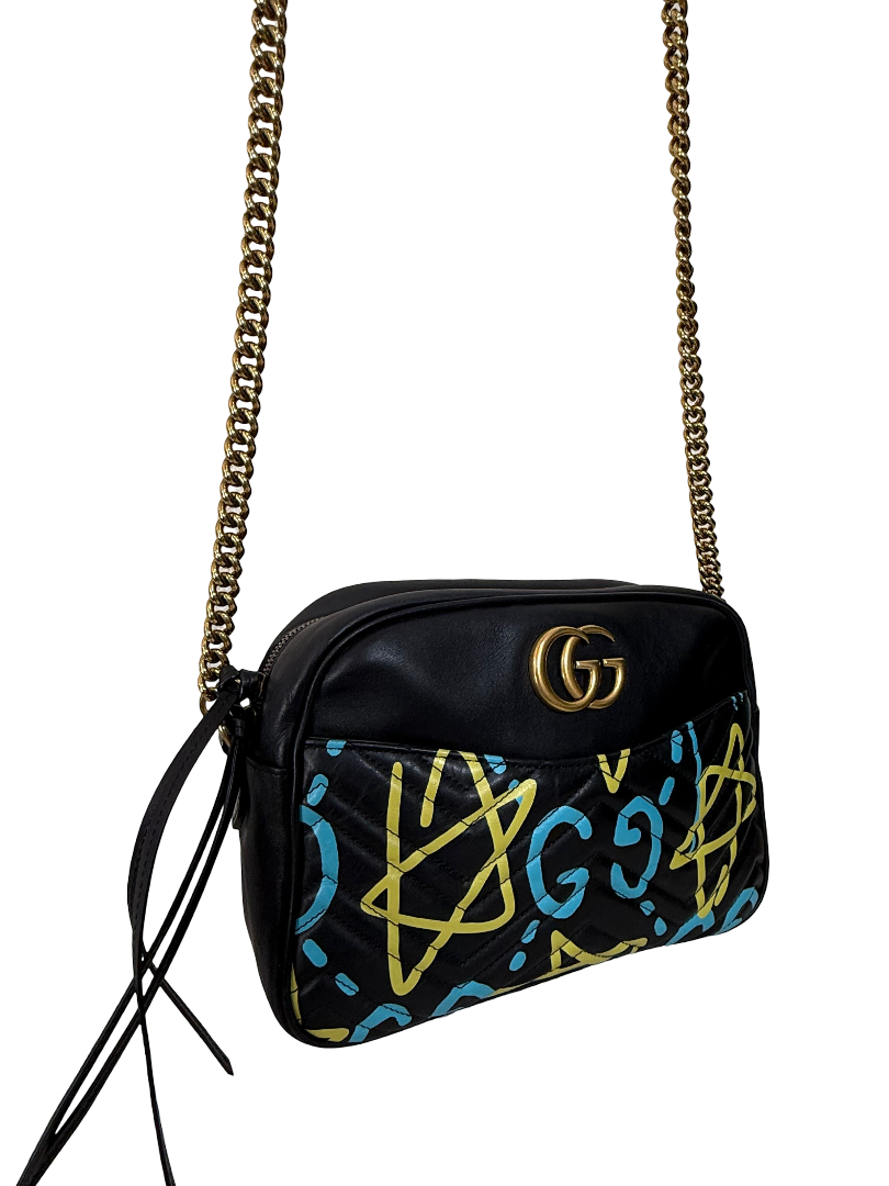 Gucci Black Graffiti Leather GG Marmont Crossbody Bag