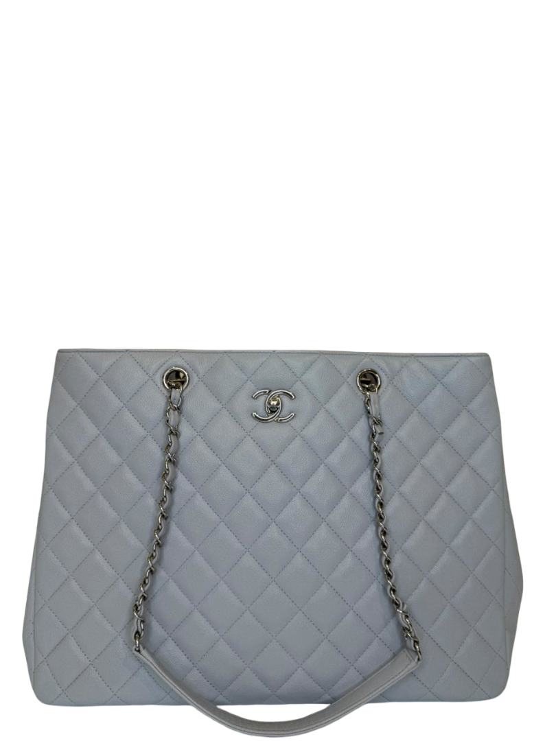 Chanel Light Grey Quilted Caviar Leather Shopping Tote