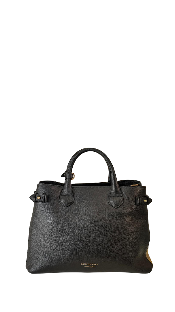 Burberry Black Leather House Check Medium Banner Tote Bag