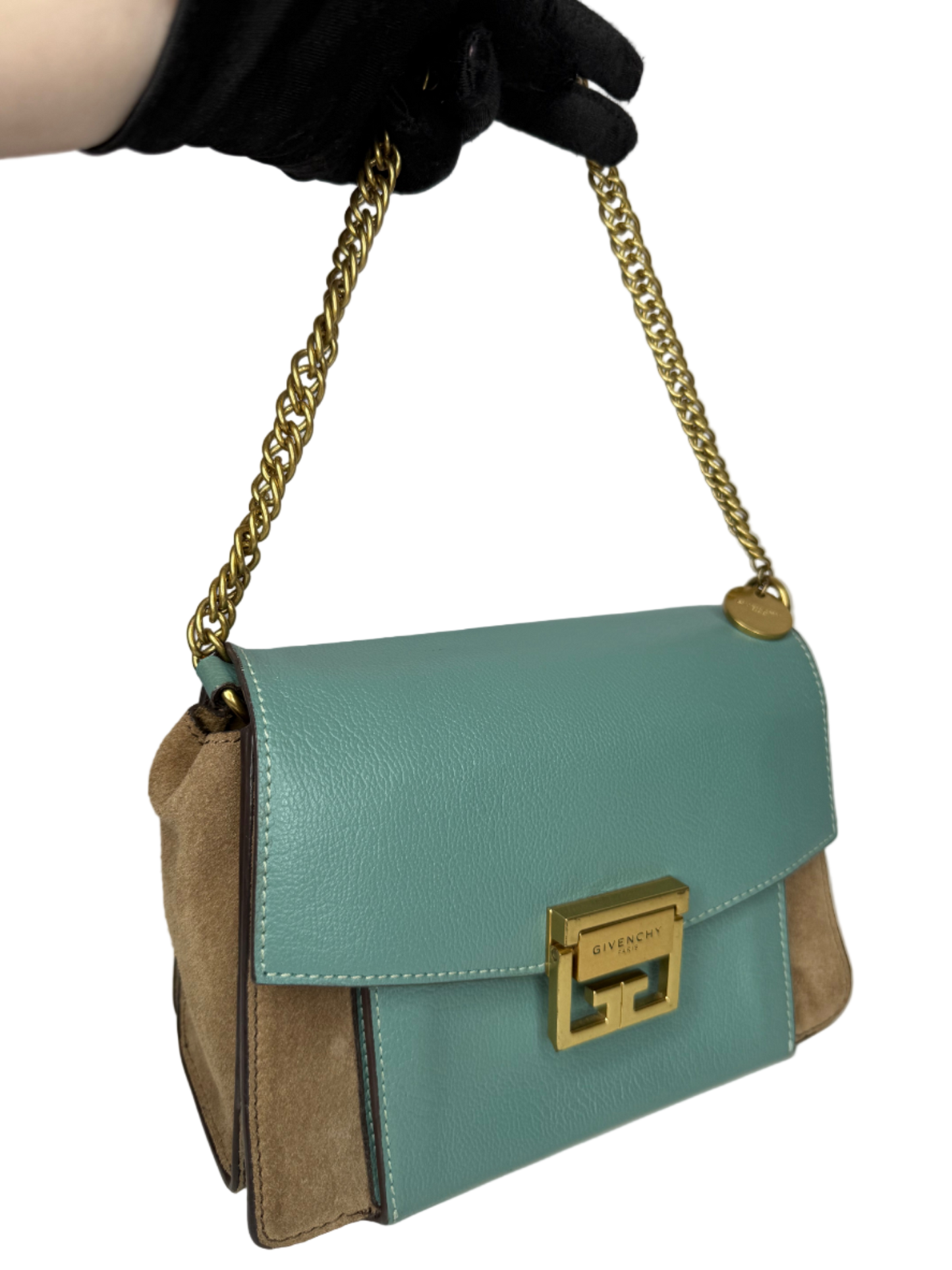 Givenchy GV3 in Light Blue Sugar Goatskin Tan Suede Trim Small Crossbody Bag