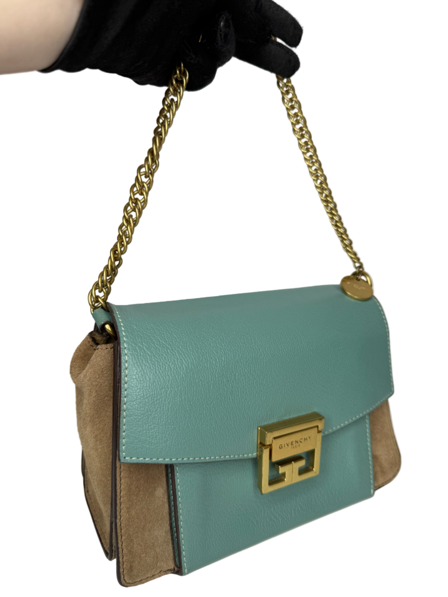 Givenchy GV3 in Light Blue Sugar Goatskin Tan Suede Trim Small Crossbody Bag