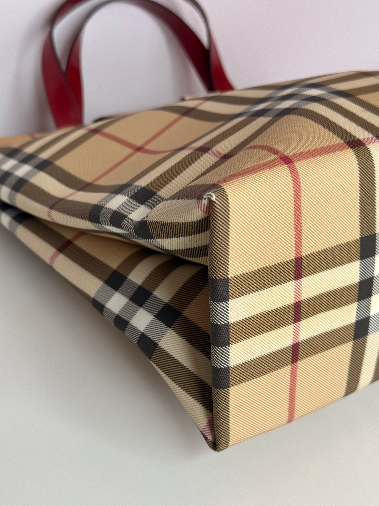 Burberry Beige/Red Nova Check Coated Canvas Top Handle Bag