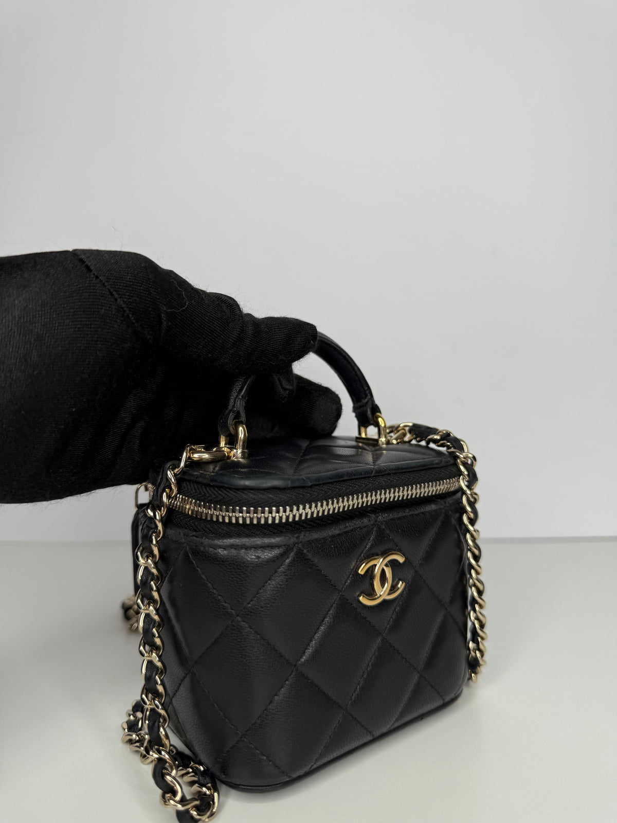 Chanel Mini Top Handle Vanity With Chain Black Lambskin Gold Hardware