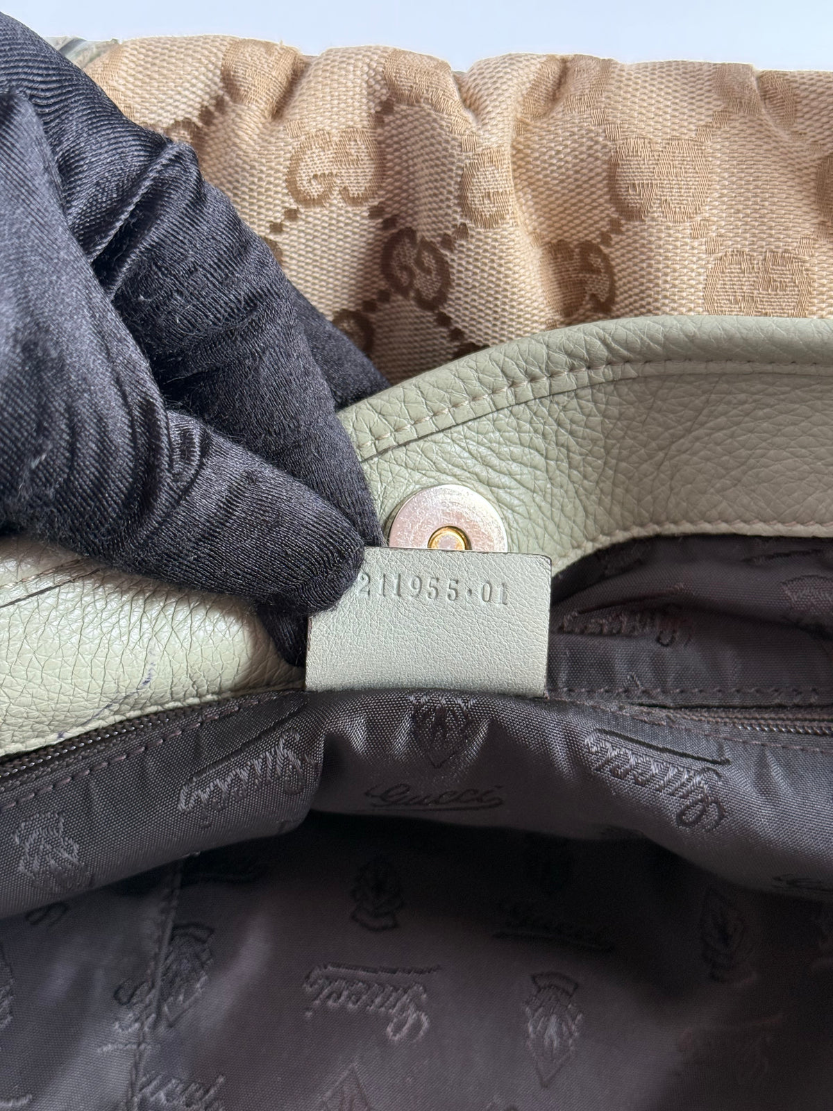 Gucci Beige GG Canvas and Green Leather Tribeca Small Tote Bag