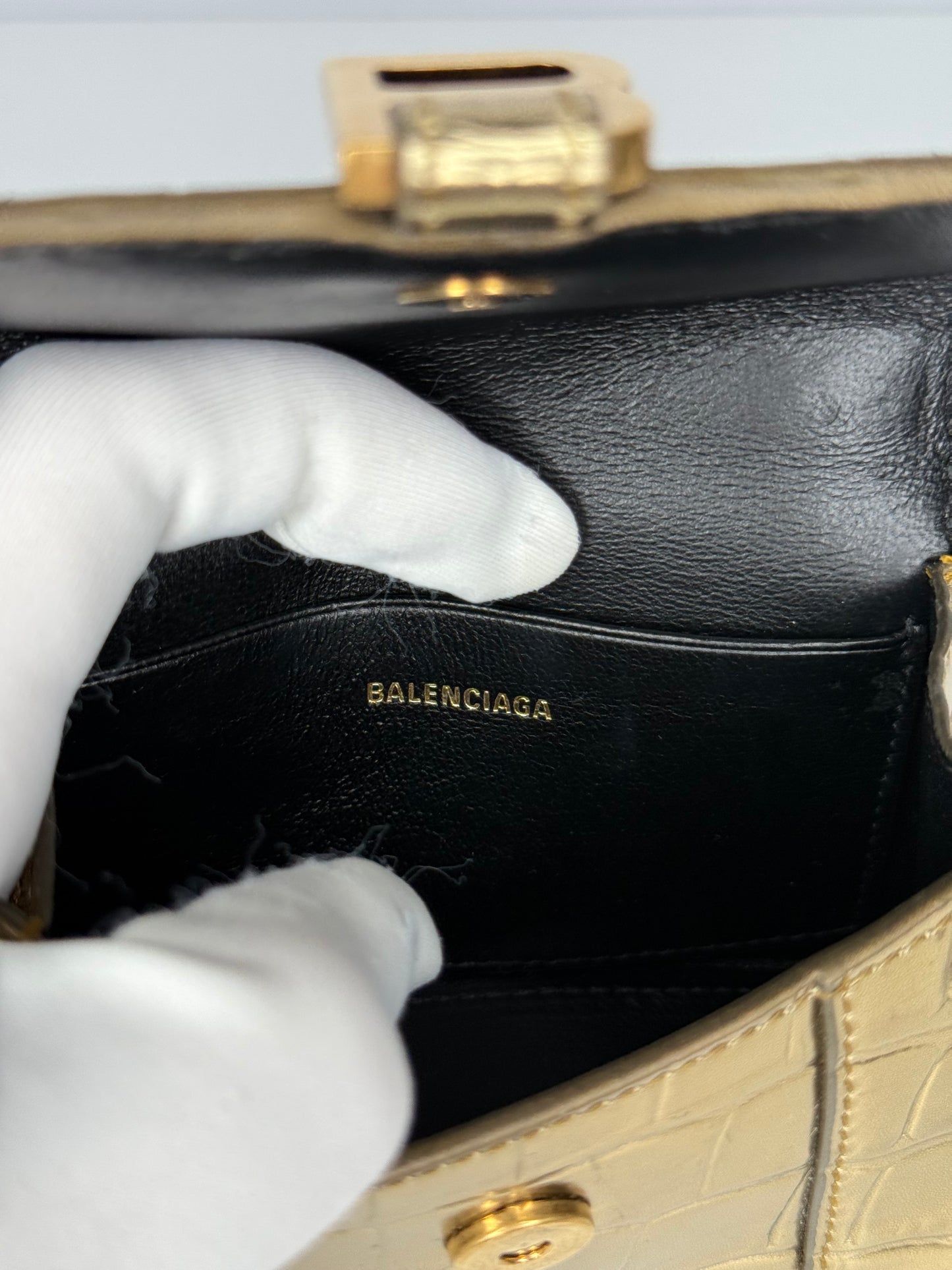 Balenciaga Gold Croc Embossed Hourglass Nano Top Handle Bag