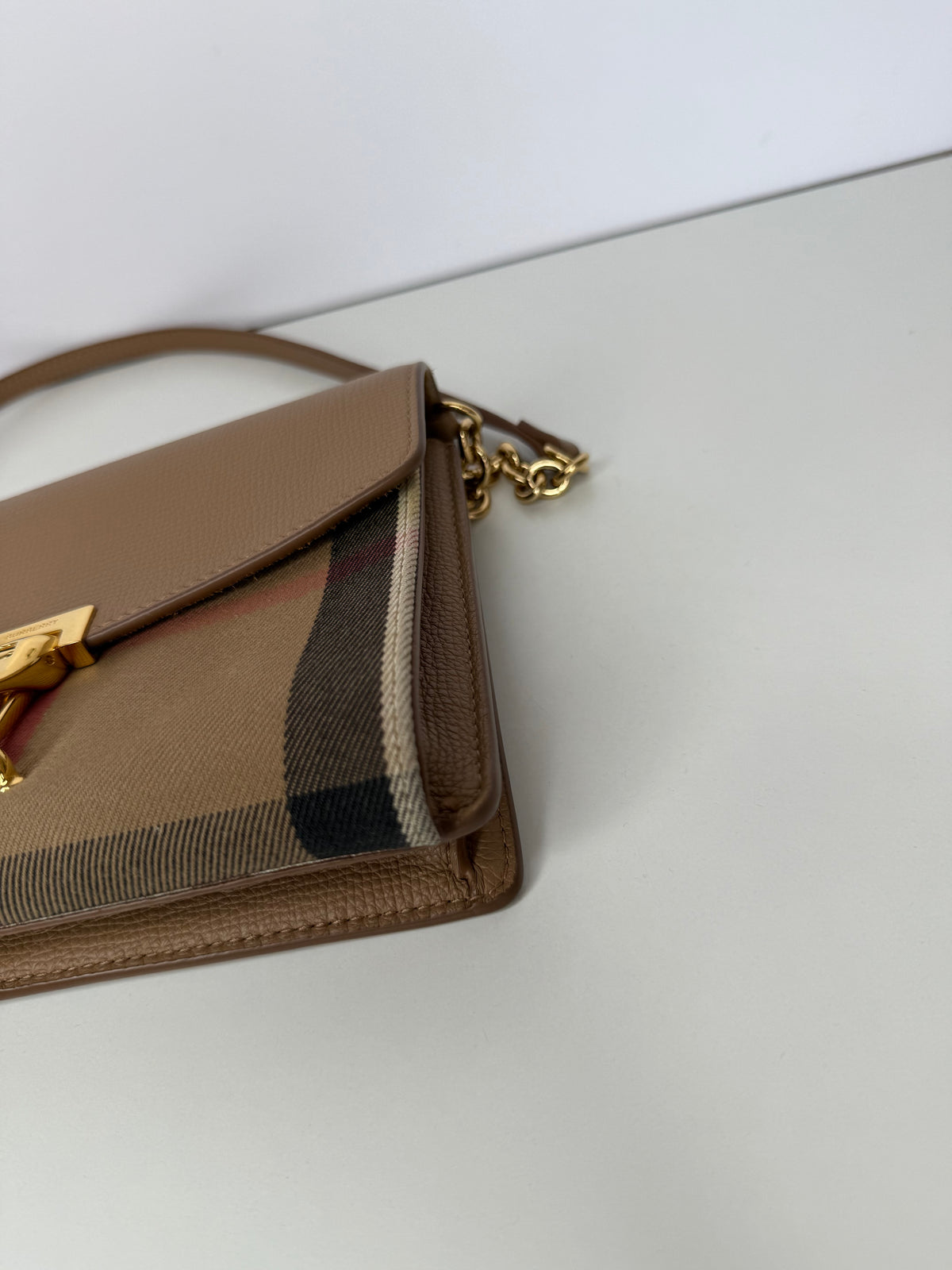 Burberry Derby Calfskin House Check Small Macken Crossbody Bag Camel
