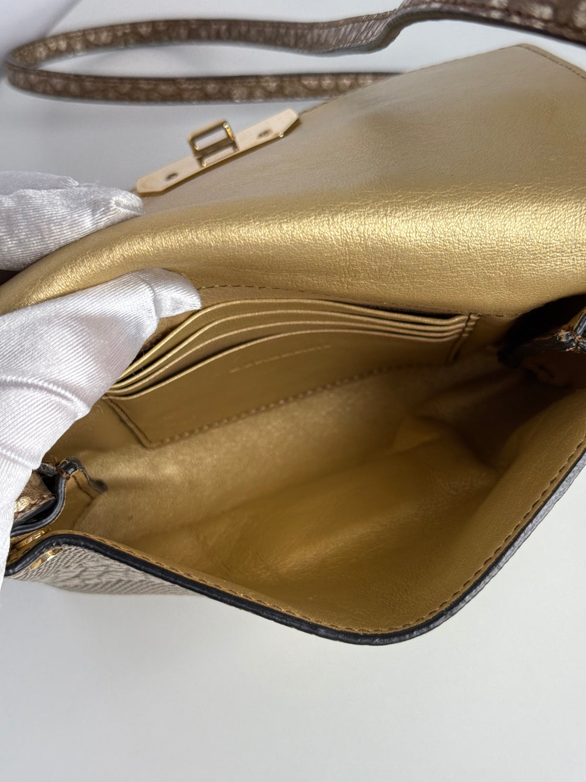 Burberry Gold Embossed Check Leather Flap Crossbody Bag