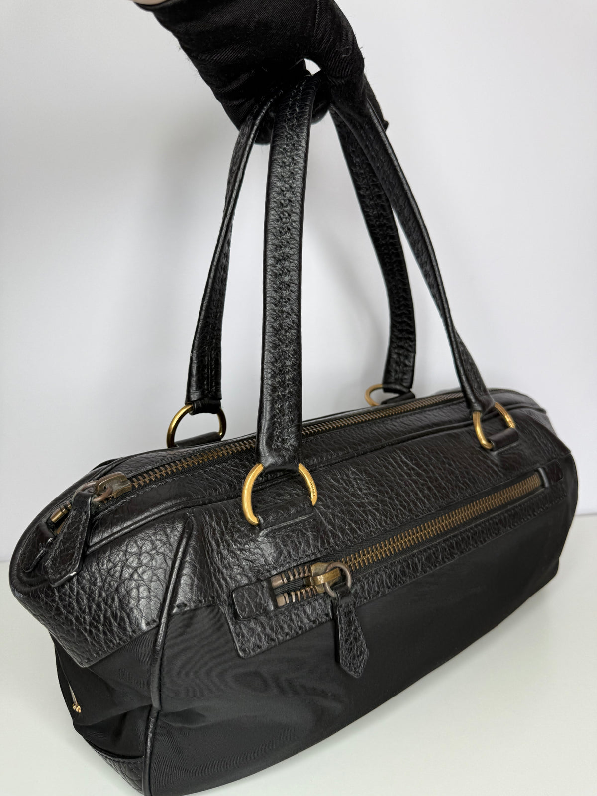 Prada Black Tessuto Nylon Bowler Bag with Vitello Leather Trim