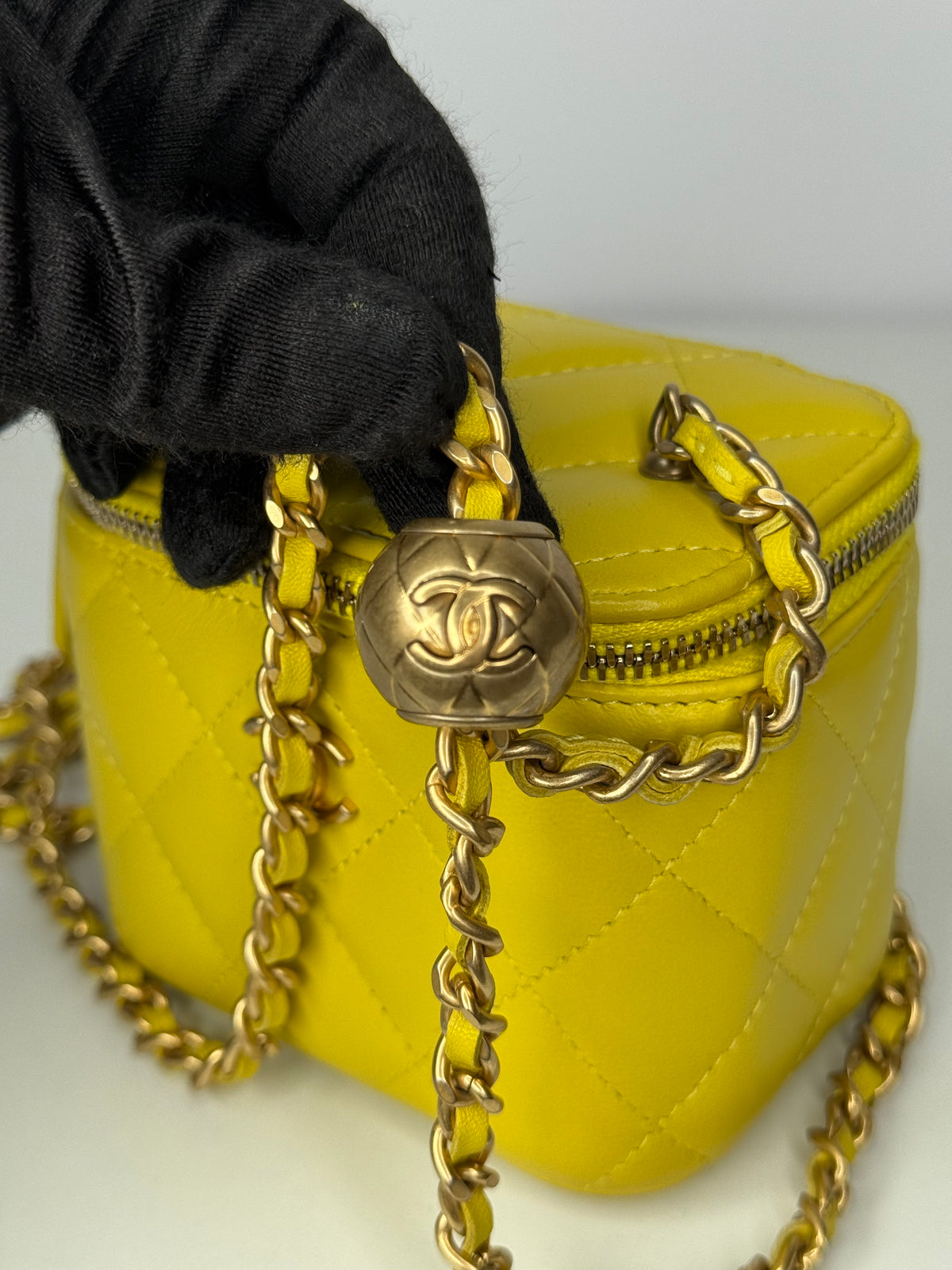 Chanel Yellow Lambskin Quilted Pearl Crush Mini Vanity Case