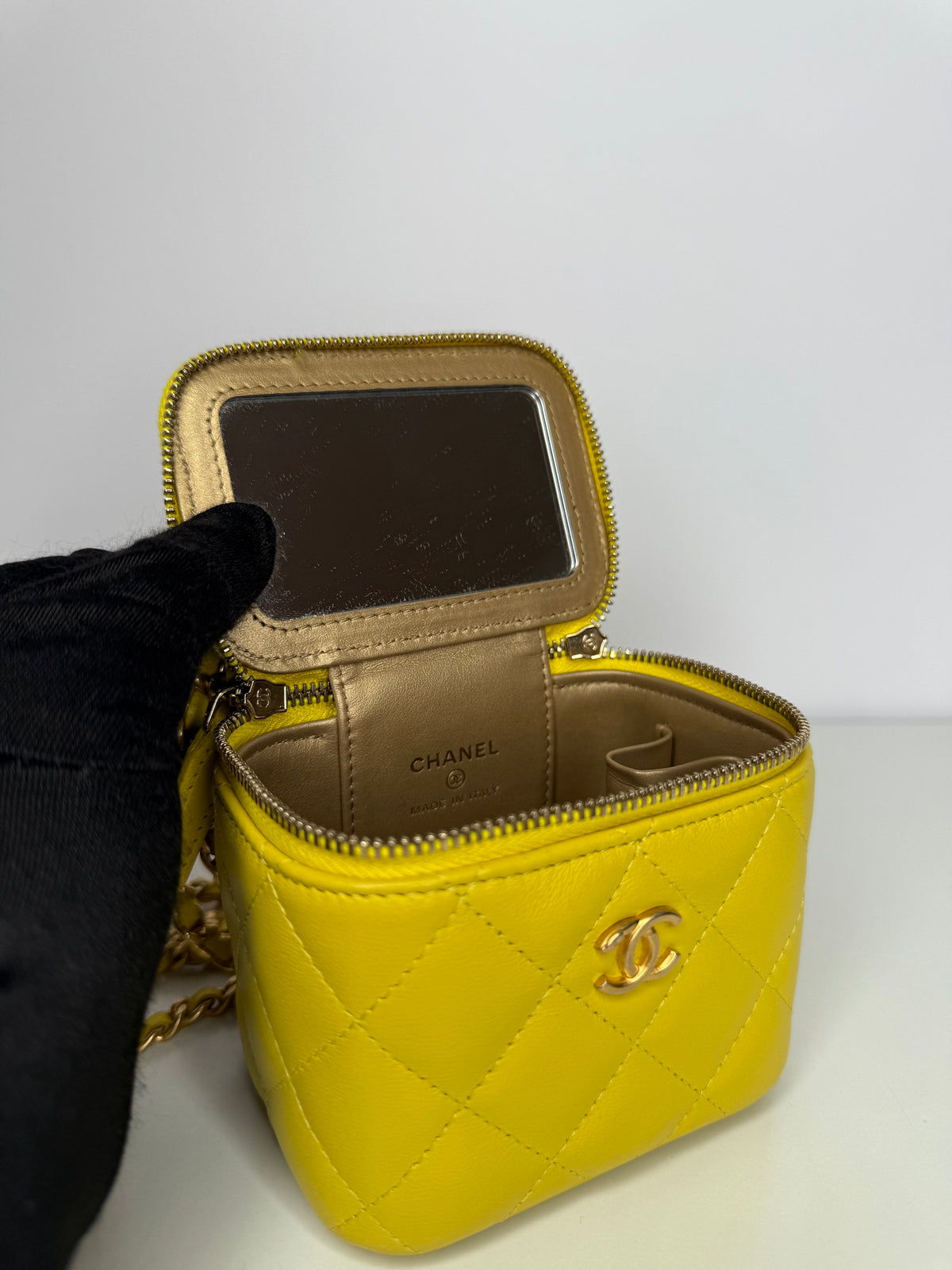 Chanel Yellow Lambskin Quilted Pearl Crush Mini Vanity Case