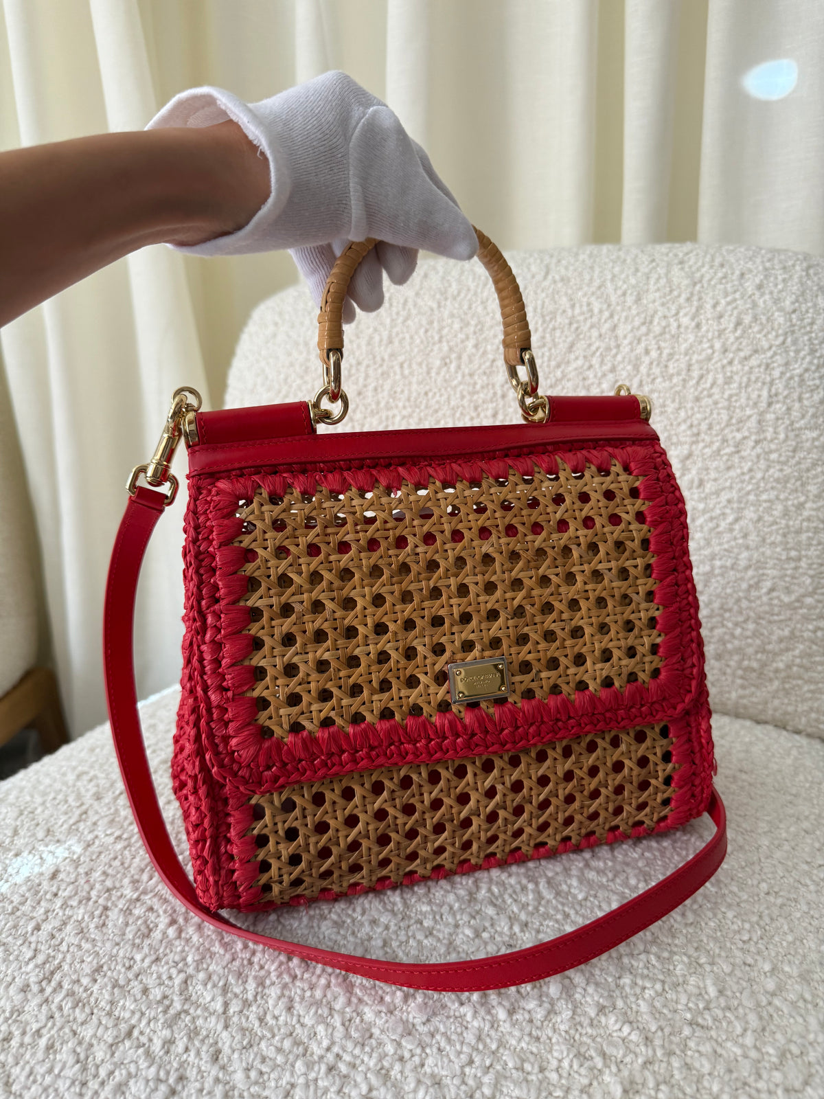 Dolce Gabbana Woven Raffia Miss Sicily Satchel Red