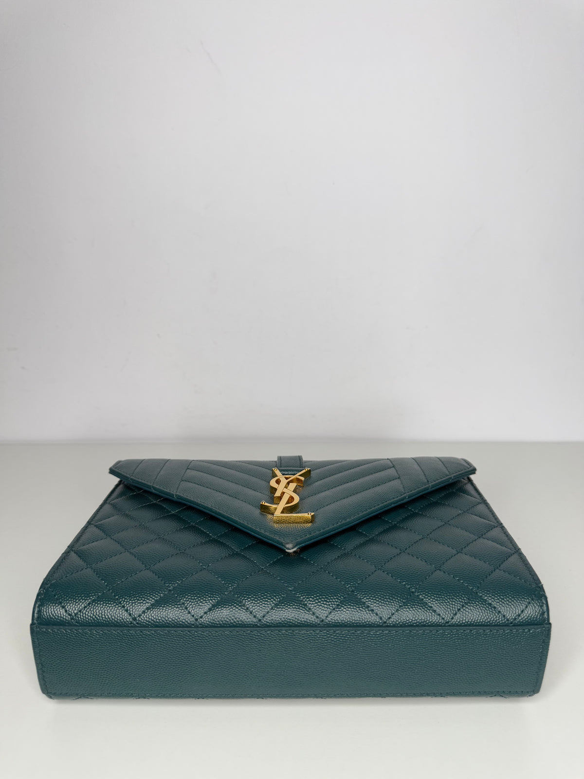 Saint Laurent Envelope Medium Quilted Grain De Poudre Green Leather