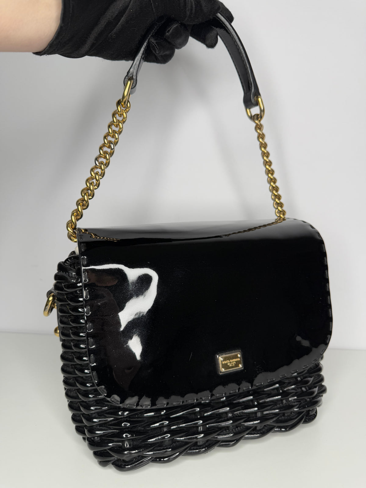 Dolce Gabbana Black Wicker and Patent Leather Shoulder Bag
