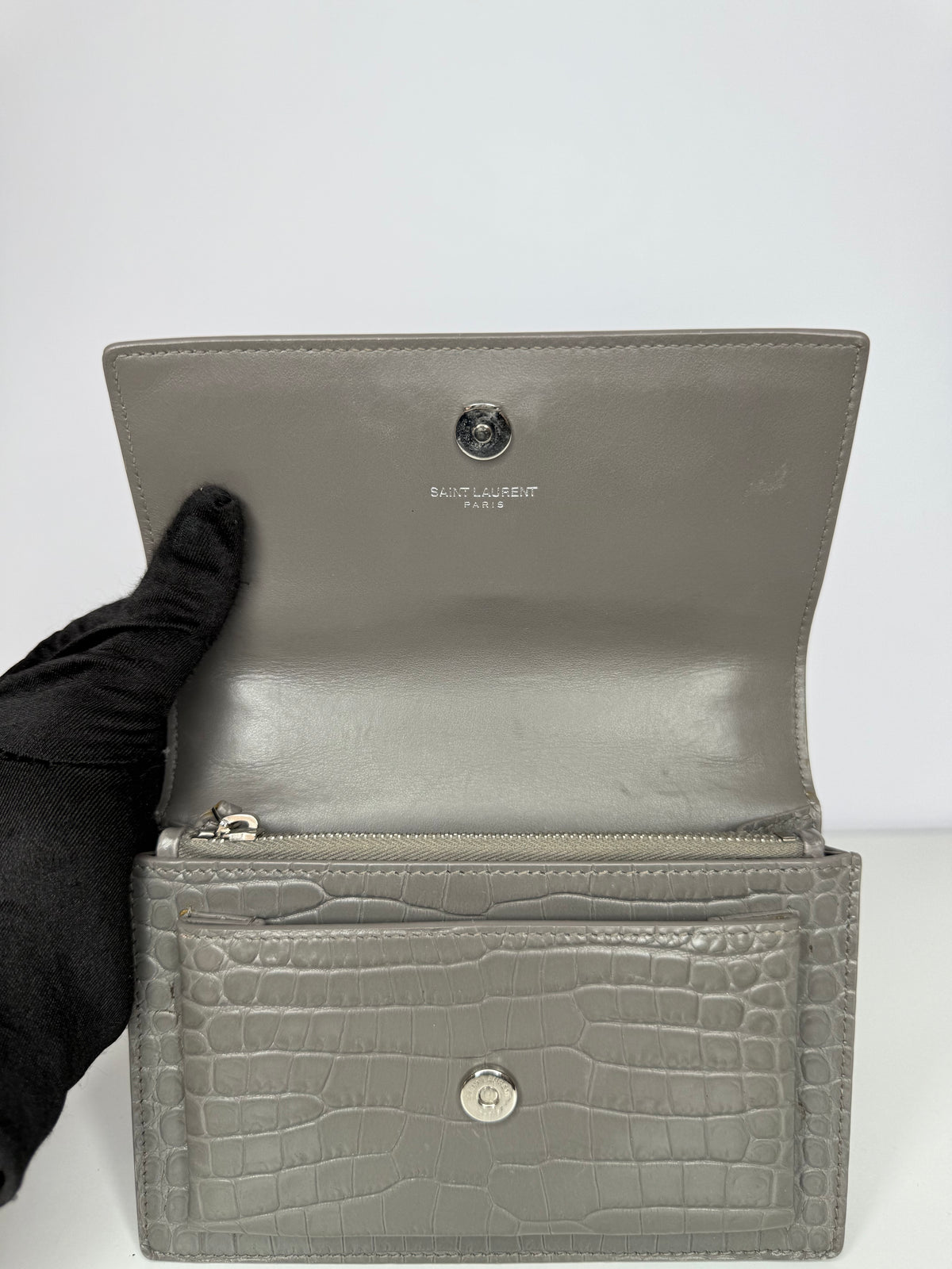 Saint Laurent Grey Croc Embossed Leather Mini Sunset Bag