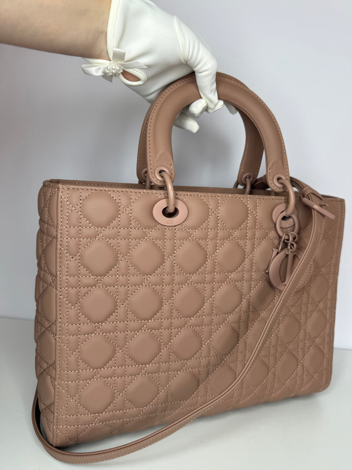 Christian Dior Large Lady Dior Beige Ultramatte Cannage Calfskin Leather Bag