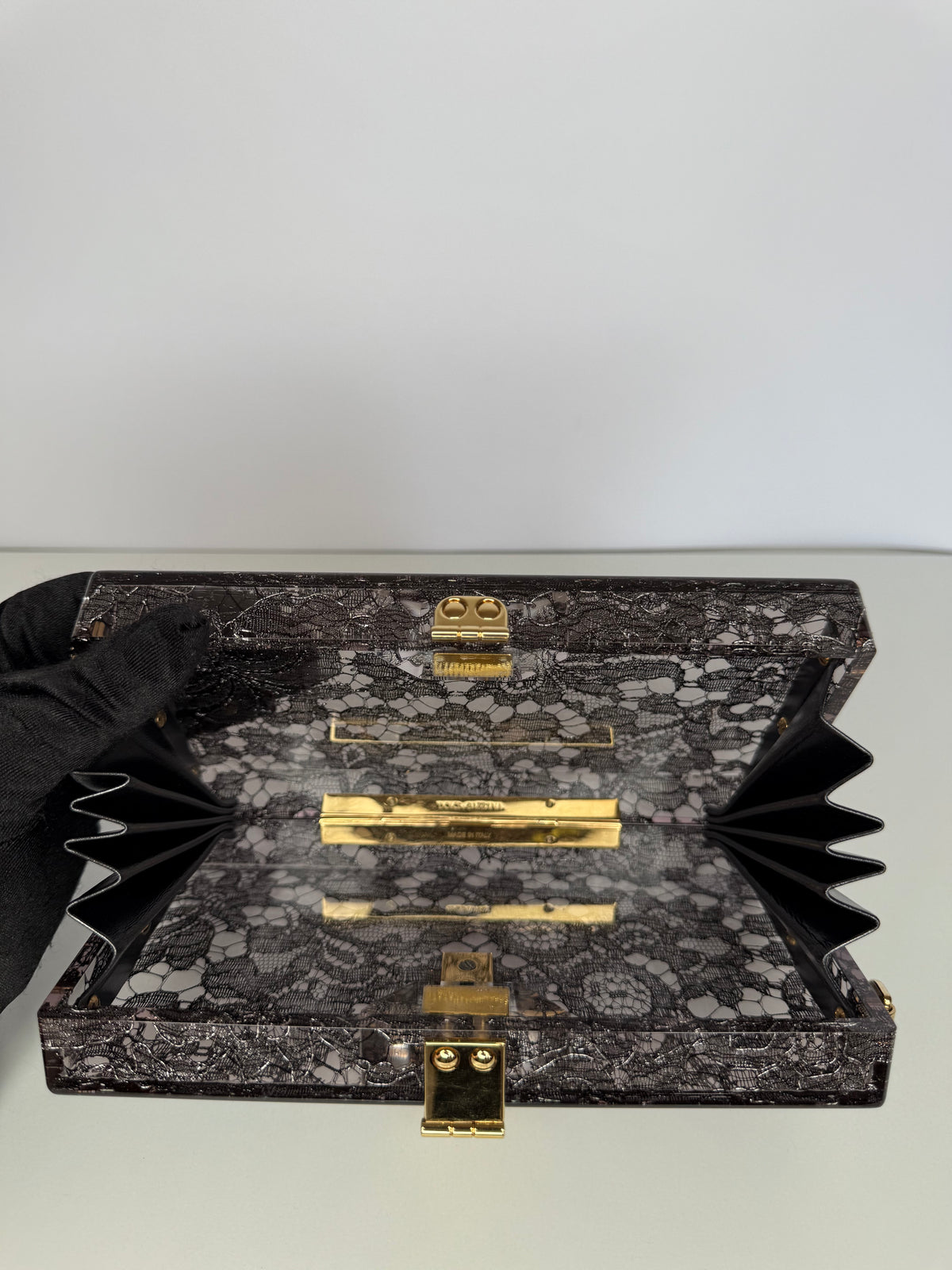 Dolce Gabbana Black Acrylic Lace Box Clutch