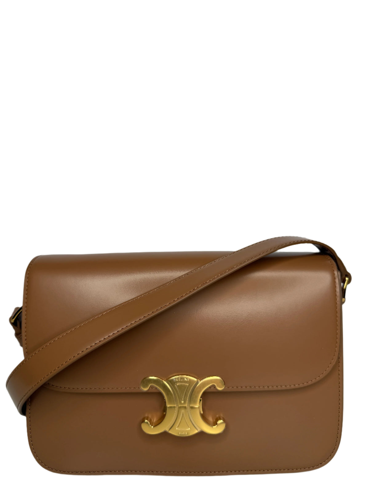 Celine Classique Triomphe Bag In Glazed Brown Shiny Calfskin