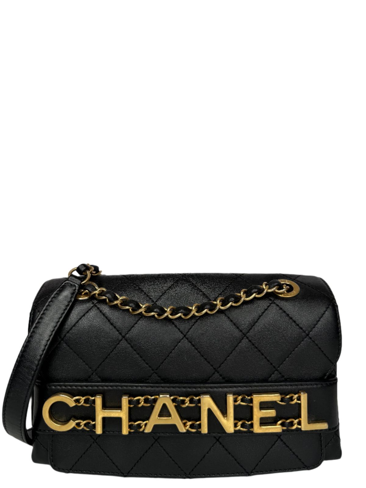 Chanel Logo Enchained Black Quilted Calfskin Flap Bag