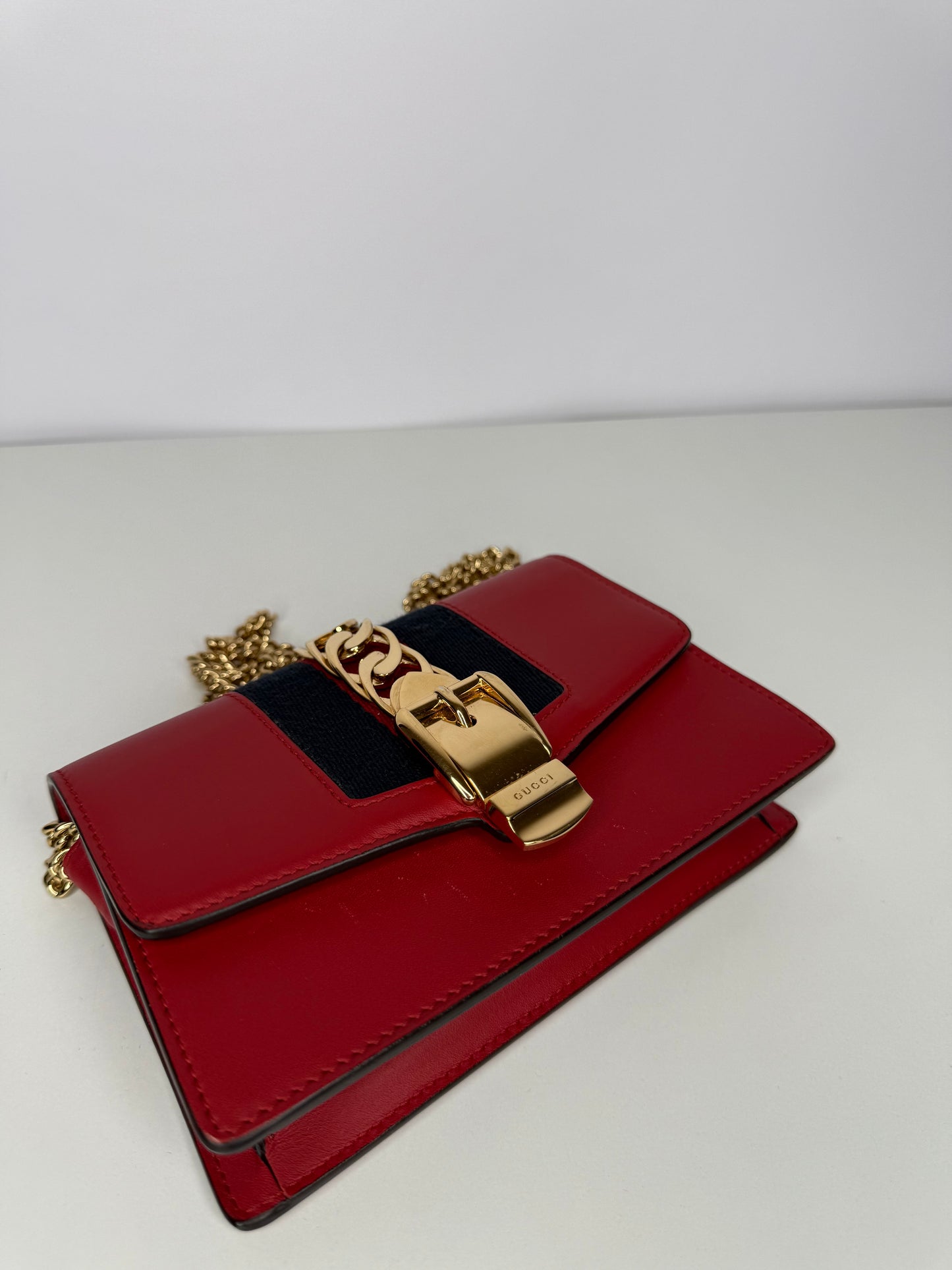 Gucci Mini Sylvie Red Leather Web Signature Chain Crossbody Bag