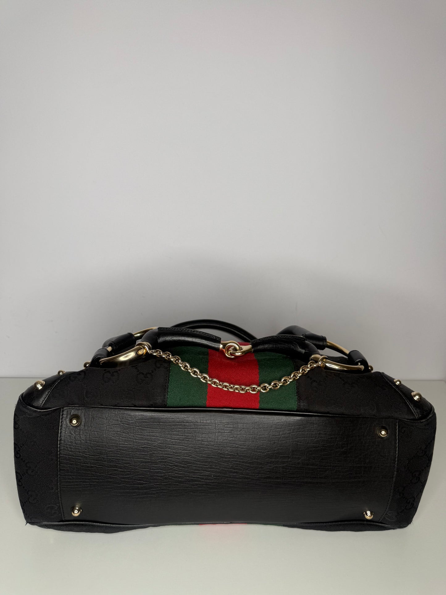 Gucci Black GG Canvas and Leather Web Horsebit Satchel