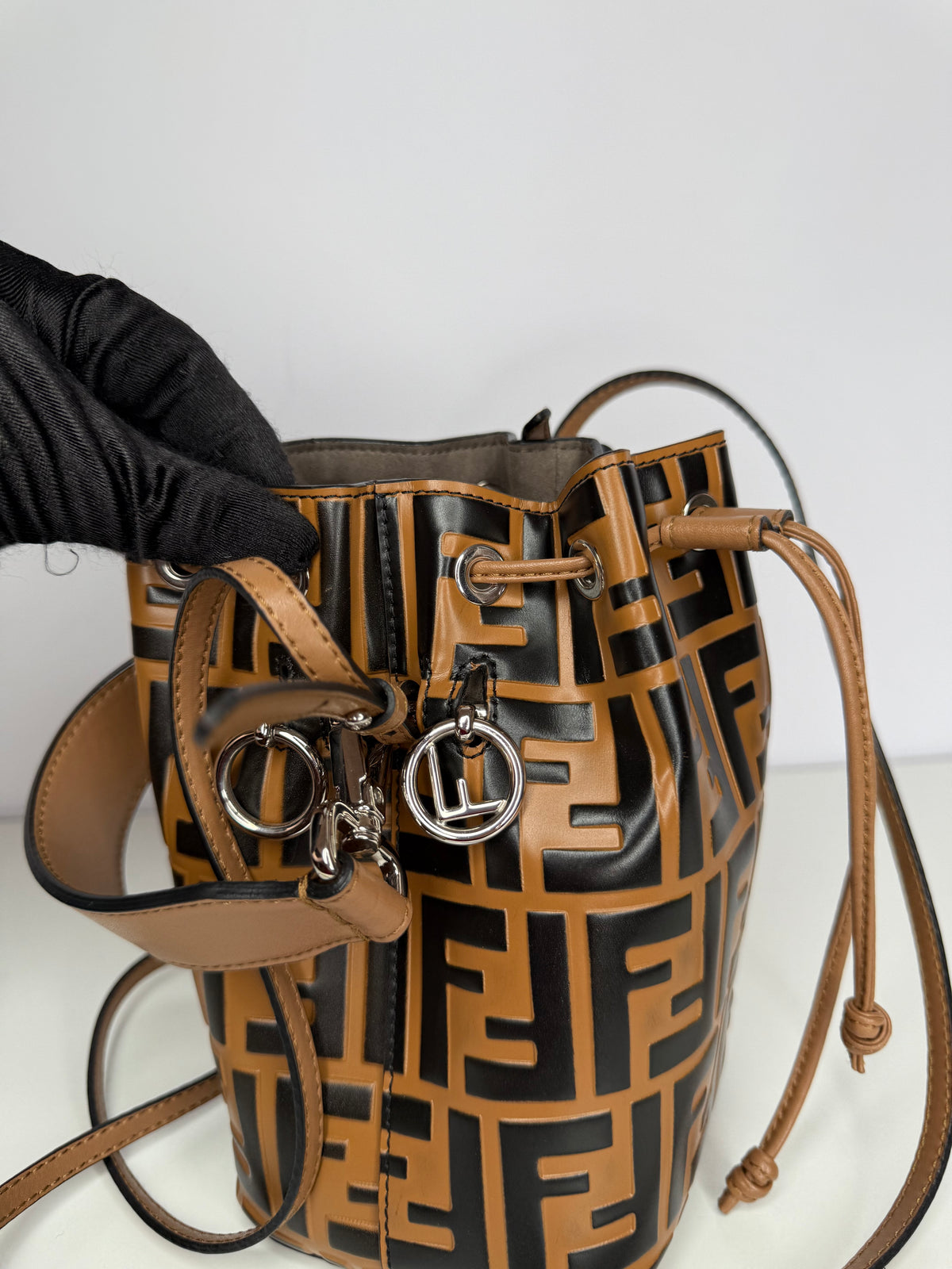 Fendi Brown/Black Zucca Leather Mini Mon Tresor Drawstring Bucket Bag