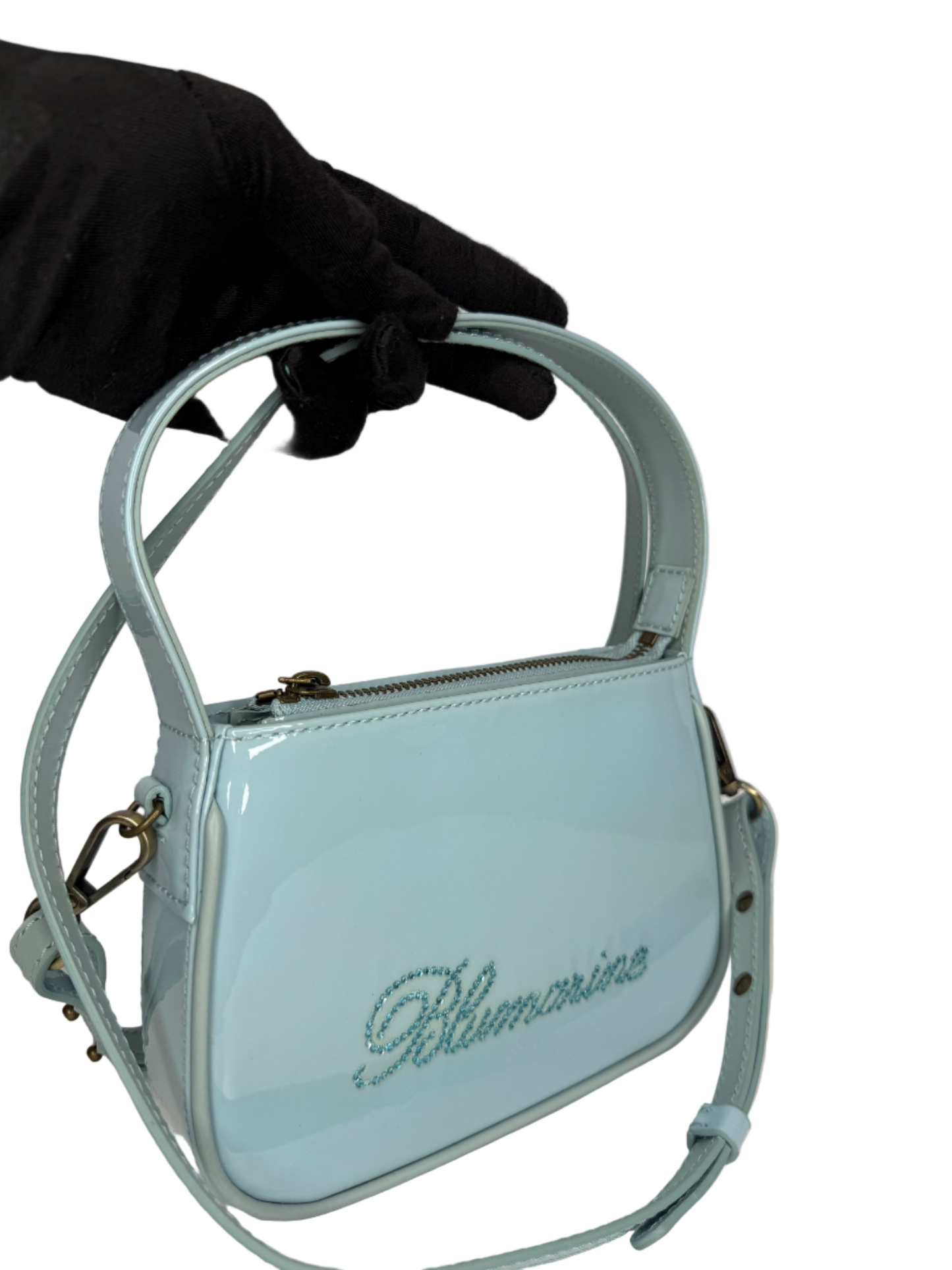 Blumarine Light Blue Patent Leather Crystal‑Logo Shoulder Bag