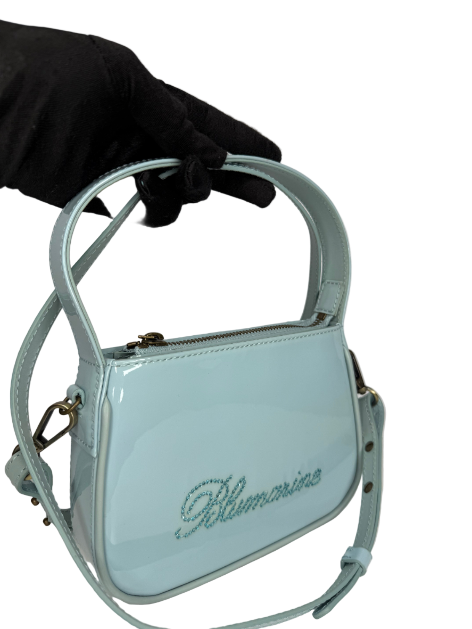 Blumarine Light Blue Patent Leather Crystal‑Logo Shoulder Bag