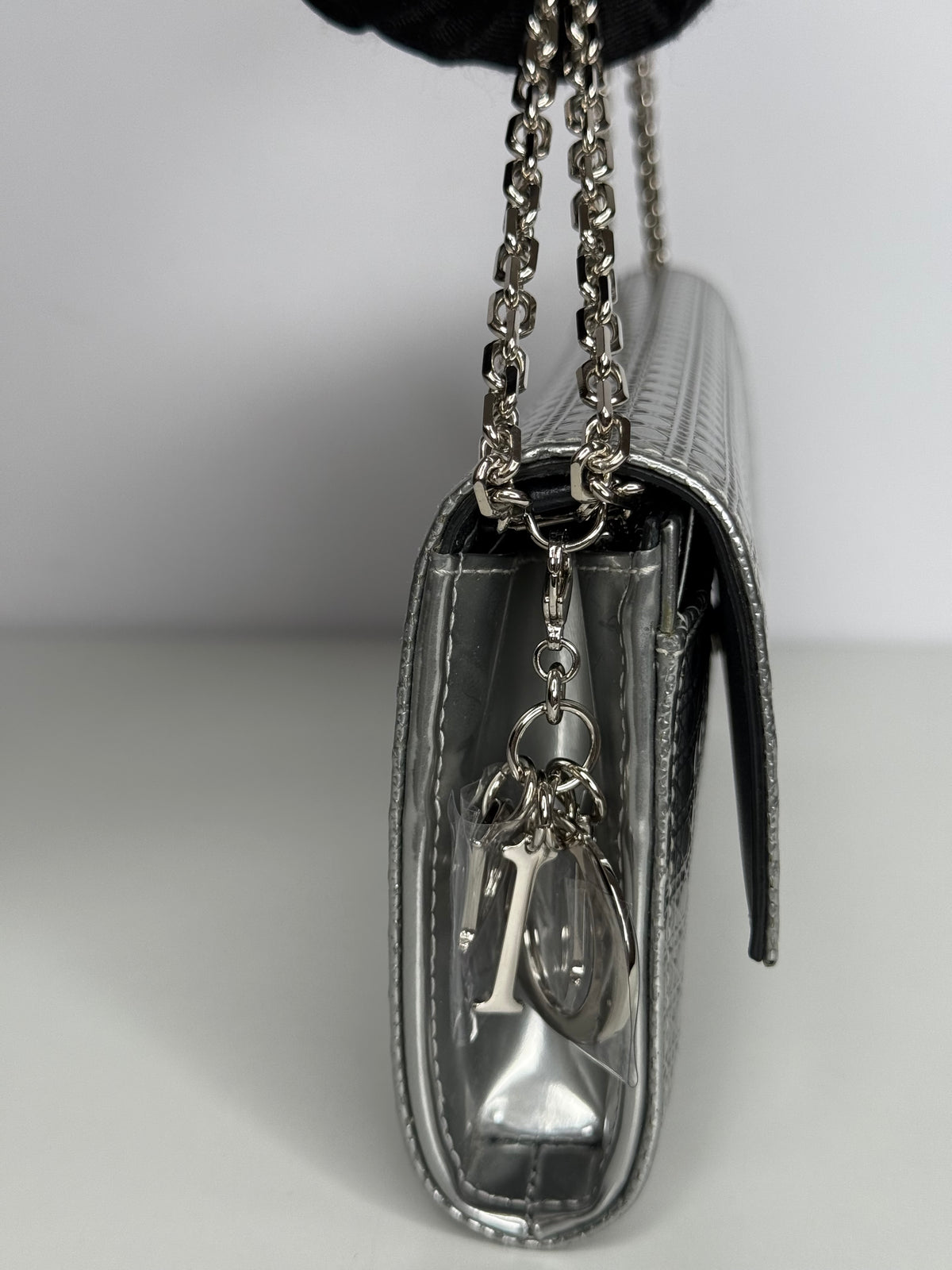 Christian Dior Lady Dior Croisiere Perforated Wallet on Chain in Silver