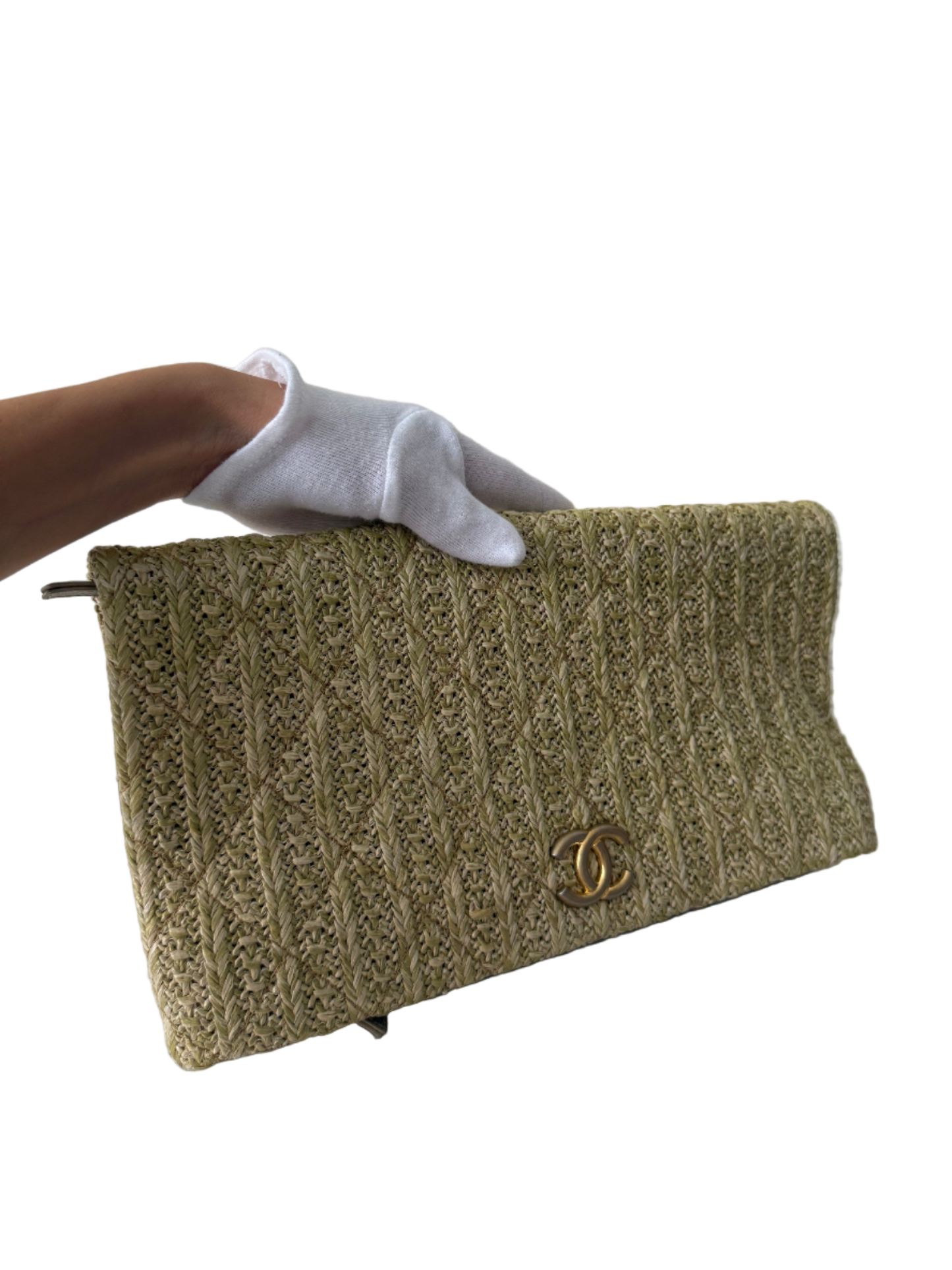 Chanel CC Woven Clutch Gold Natural Raffia Antique Gold Hardware
