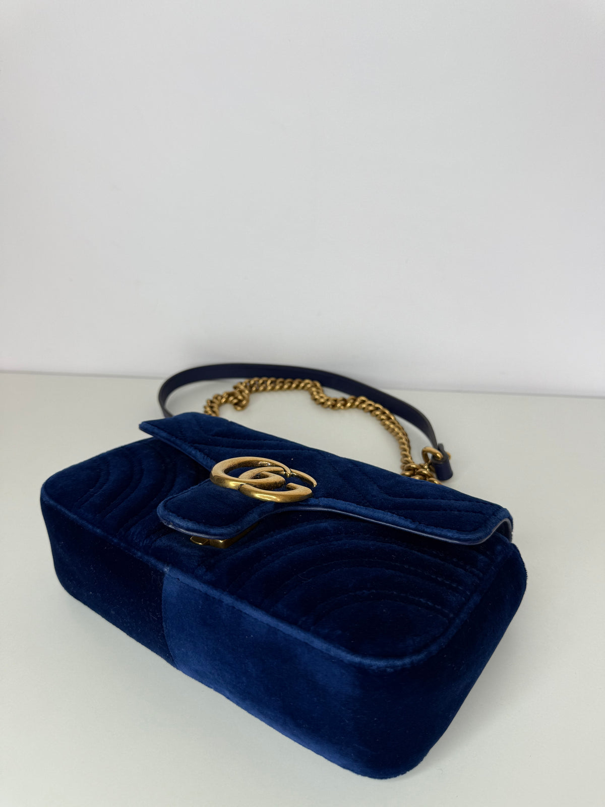 Gucci Velvet Matelasse Small GG Marmont Shoulder Bag Cobalt Blue