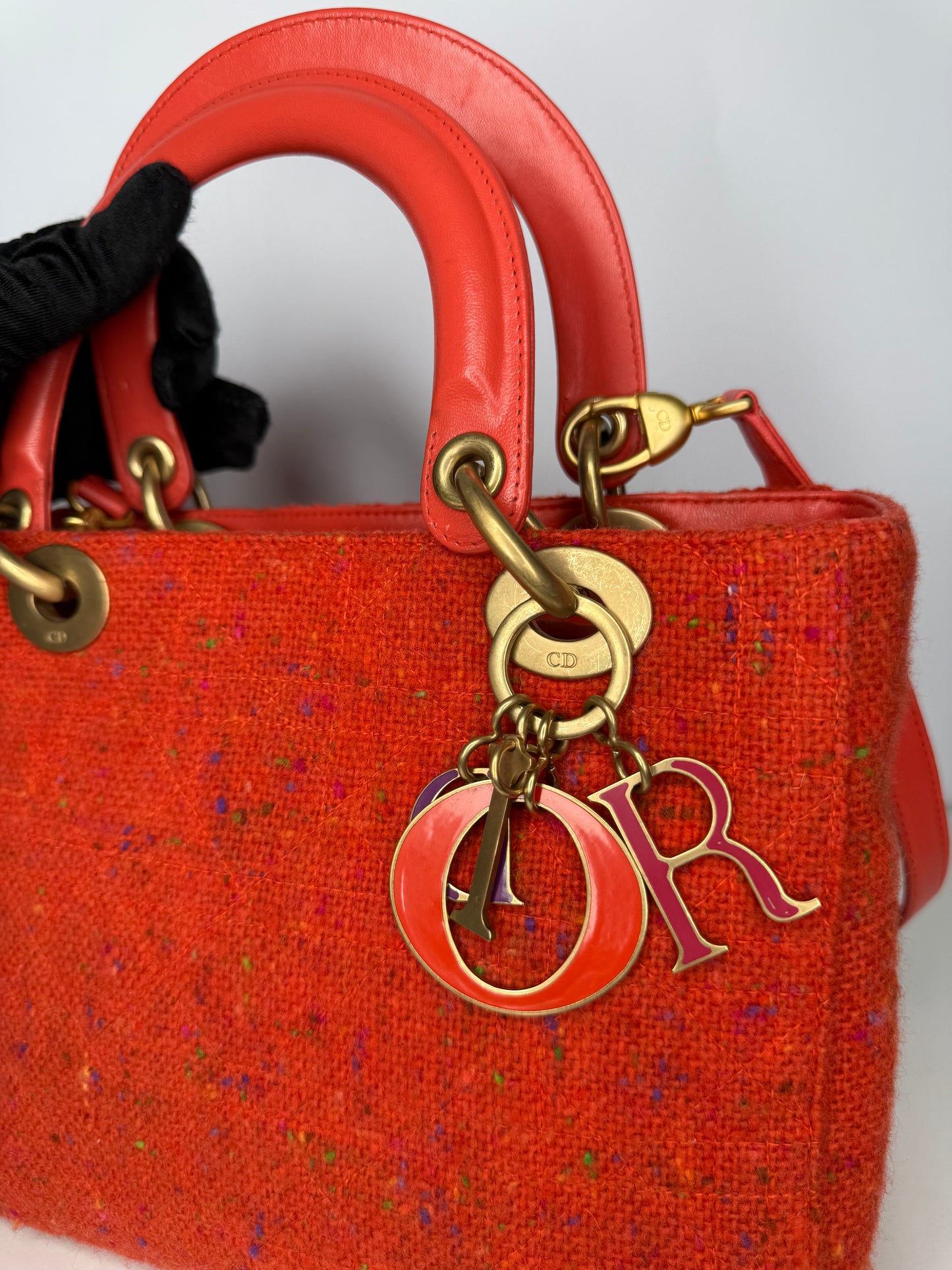 Christian Dior Vintage Orange Tweed Lady Dior Medium Bag