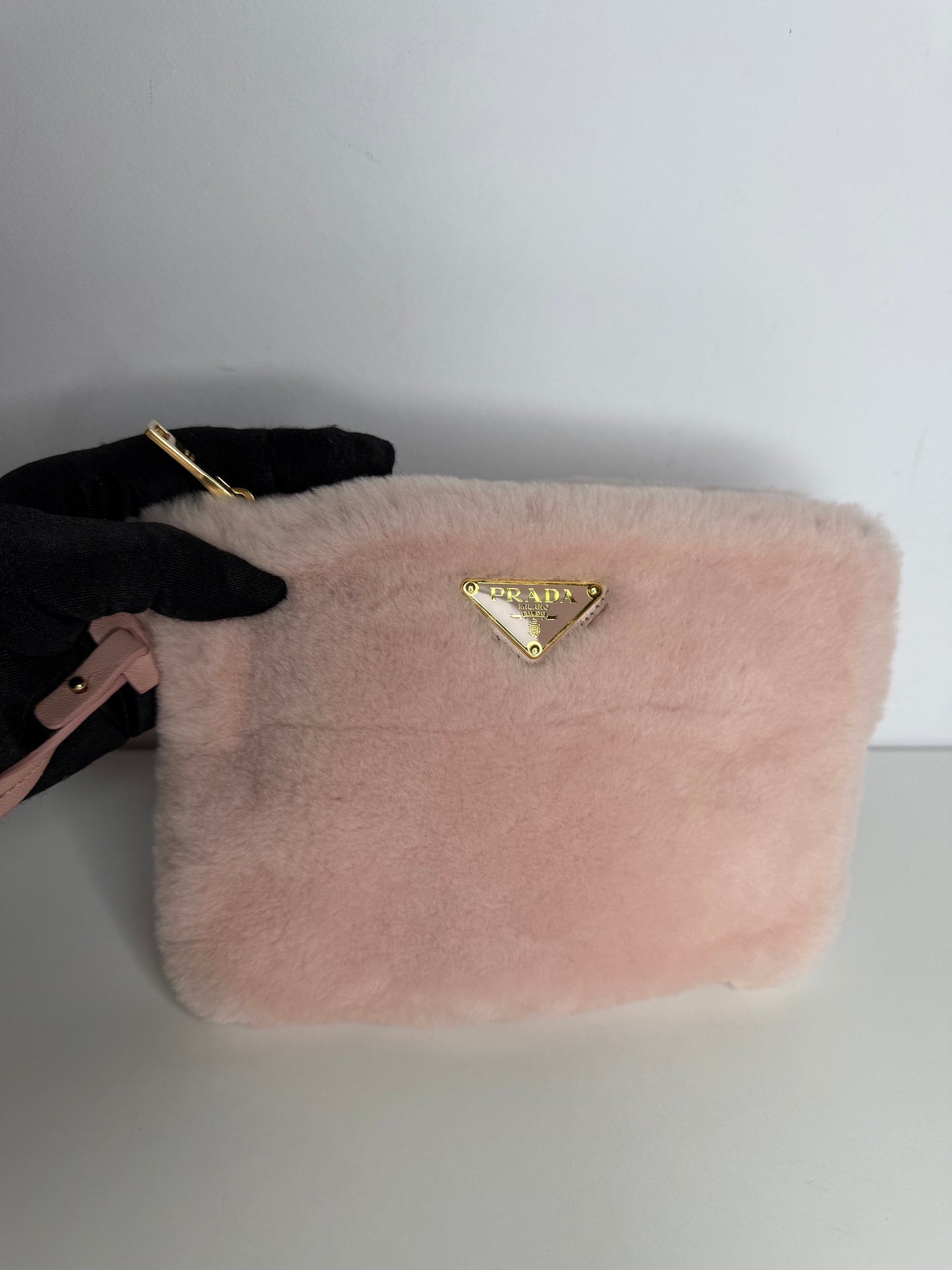 Prada Terry Pink Shearling Small Tote with Pouch