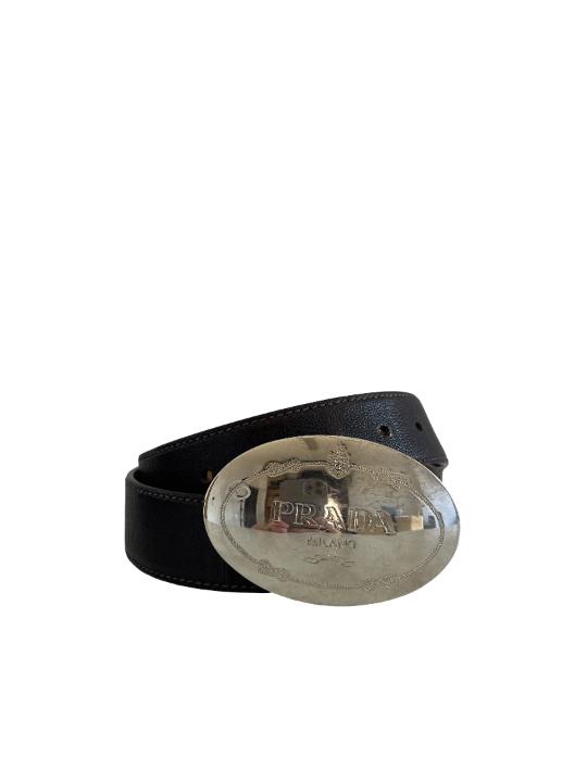 Prada Silver Buckle Dark Brown Leather Belt