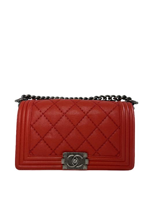 Chanel Red Diamond Stitch Calfskin Leather Old Medium Boy Bag