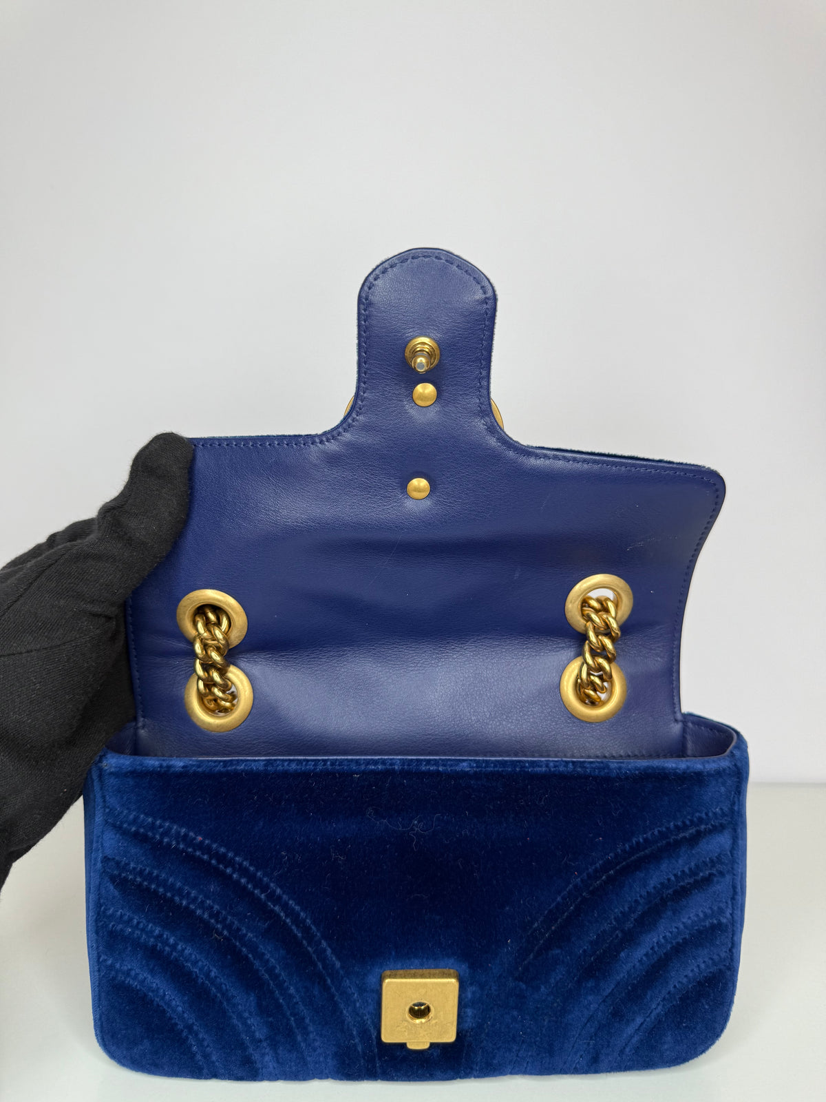 Gucci Velvet Matelasse Small GG Marmont Shoulder Bag Cobalt Blue