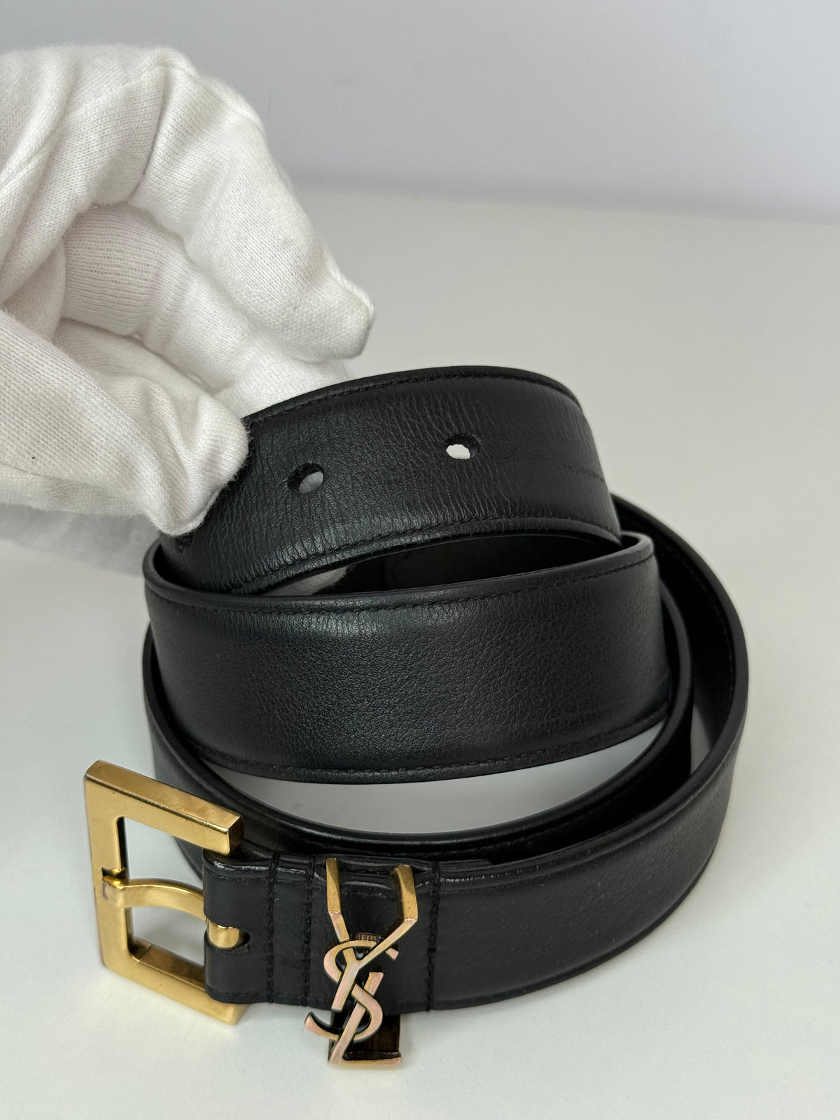 Saint Laurent Cassandre Monogram Square Buckle Belt Black