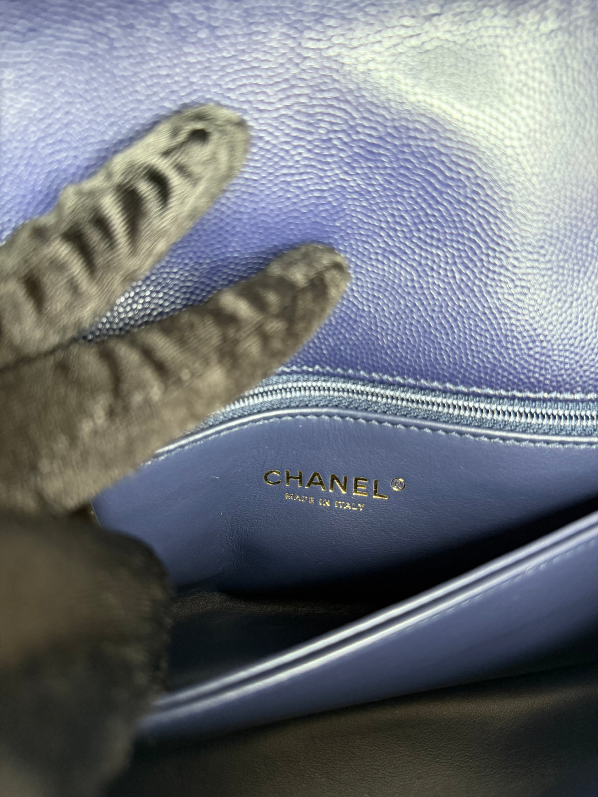 Chanel Coco Handle Small Blue Caviar with Lizard Top Handle